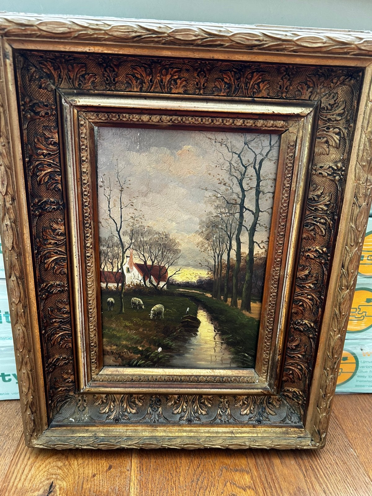 Antiek olieverfschilderij van C.P.Grupp, Ophalen, Paneel, Landschap, Olieverf