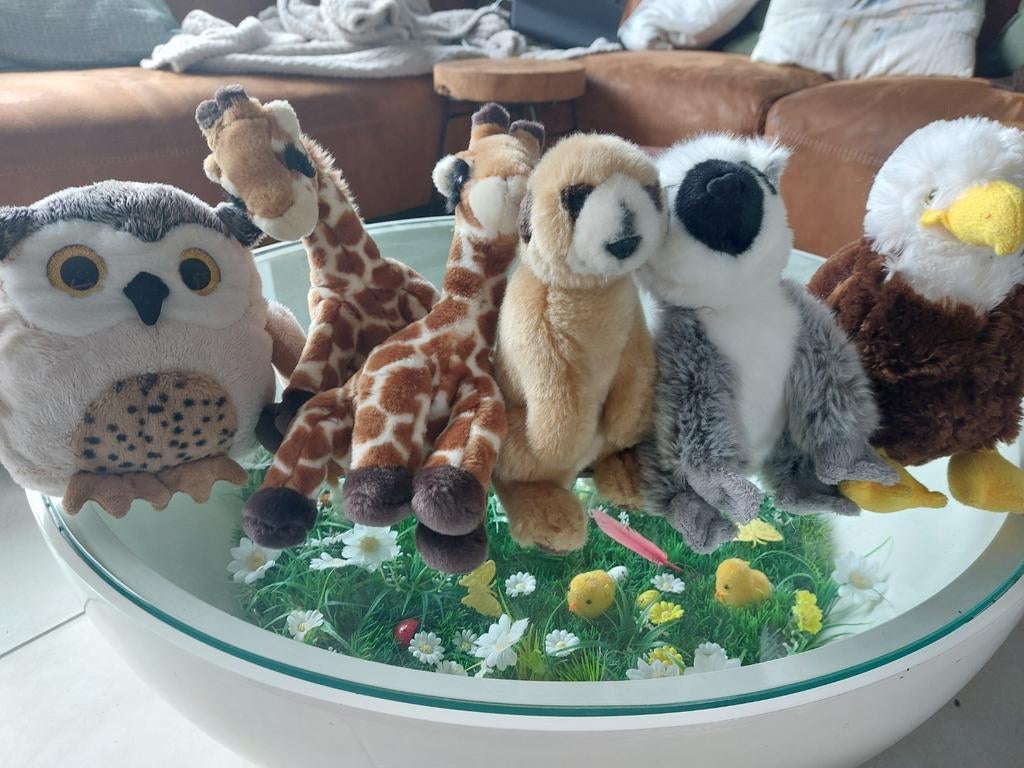 Mooie knuffels: uil, giraffen, stokstaartje, maki, adelaar, Ophalen, Giraf, Zo goed als nieuw, Middelgroot (20 tot 80 cm)