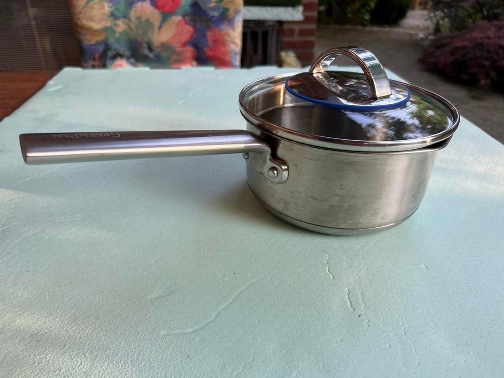 t.k.Greenpan RVS steelpan+afgiet deksel 16cm INDUCTIE, Ophalen of Verzenden, Zo goed als nieuw, Rvs