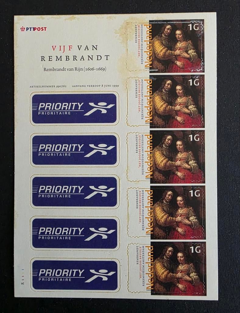 Nederland: Vijf van Rembrandt - Het Joodse Bruidje (1999), Ophalen of Verzenden, Na 1940, Postfris