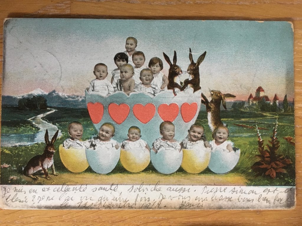 baby's kaart begin 1900 Paasviering met hazen, Ophalen of Verzenden, Voor 1920, Gelopen, Kinderen