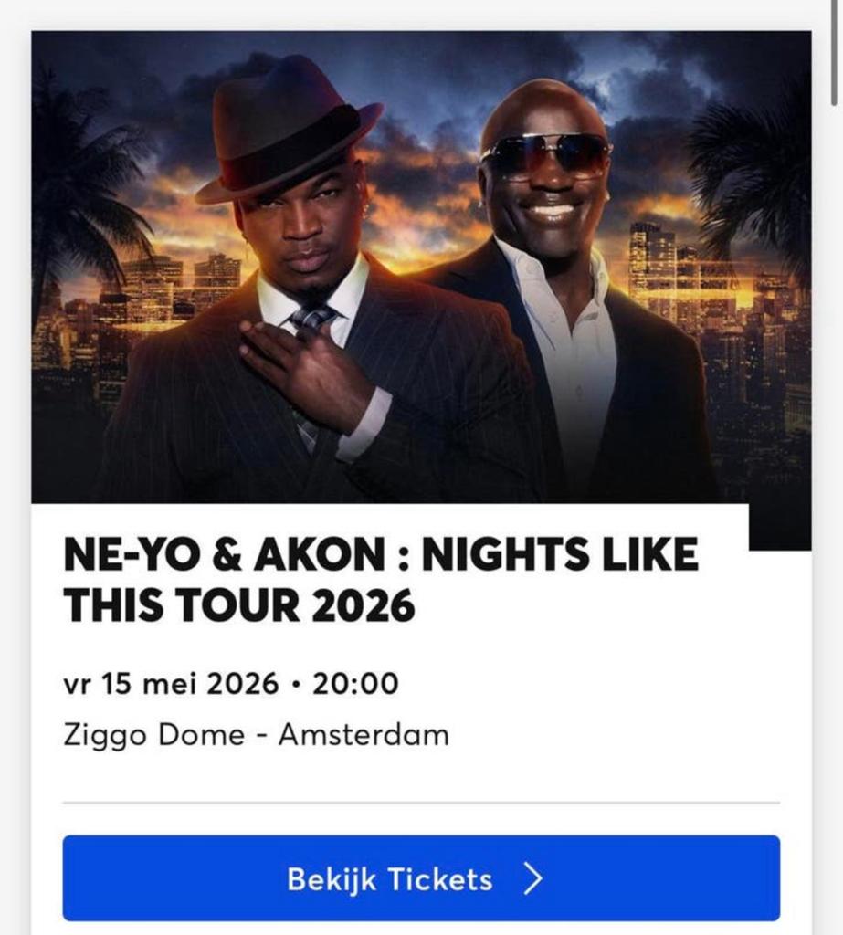 4x Tickets NE-YO AKON Nights Like This Tour 2026 Ziggo Dome, Drie personen of meer