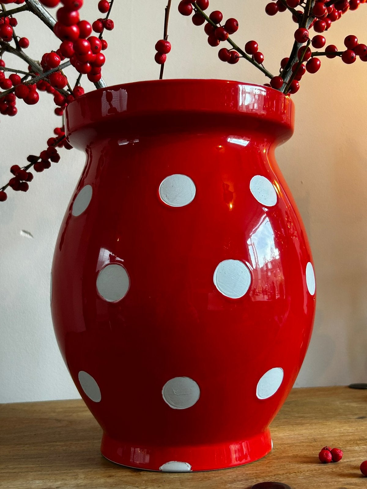 Vrolijke vintage vaas , polkadots, Ophalen of Verzenden, Zo goed als nieuw, Rood