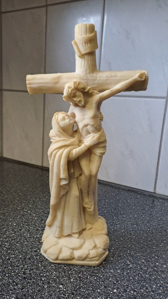 Apart vintage beeld Jezus aan het kruis met Maria, Antiek en Kunst, Antiek | Religie, Ophalen of Verzenden