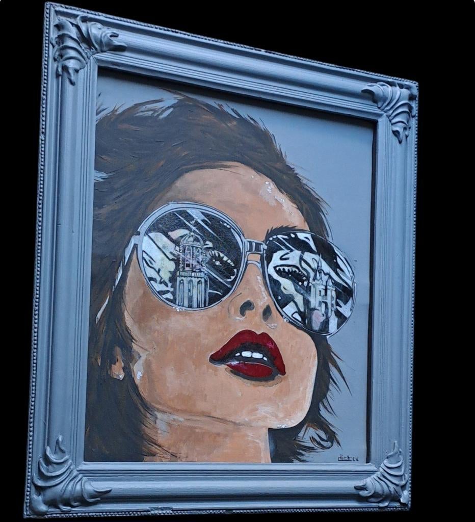 Schilderij "Lady with glasses", Ophalen of Verzenden, Zo goed als nieuw, Schilderij, Minder dan 50 cm