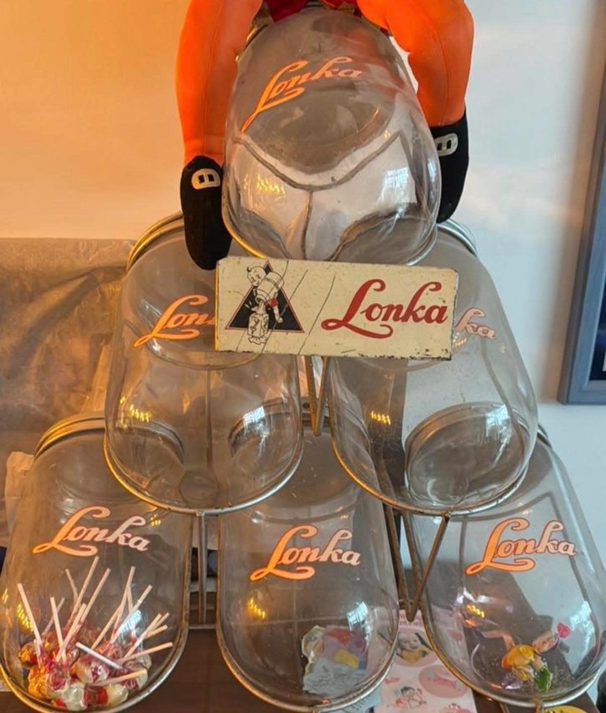 Vintage Lonka snoep pottenrek met 6 glazen potten, Ophalen