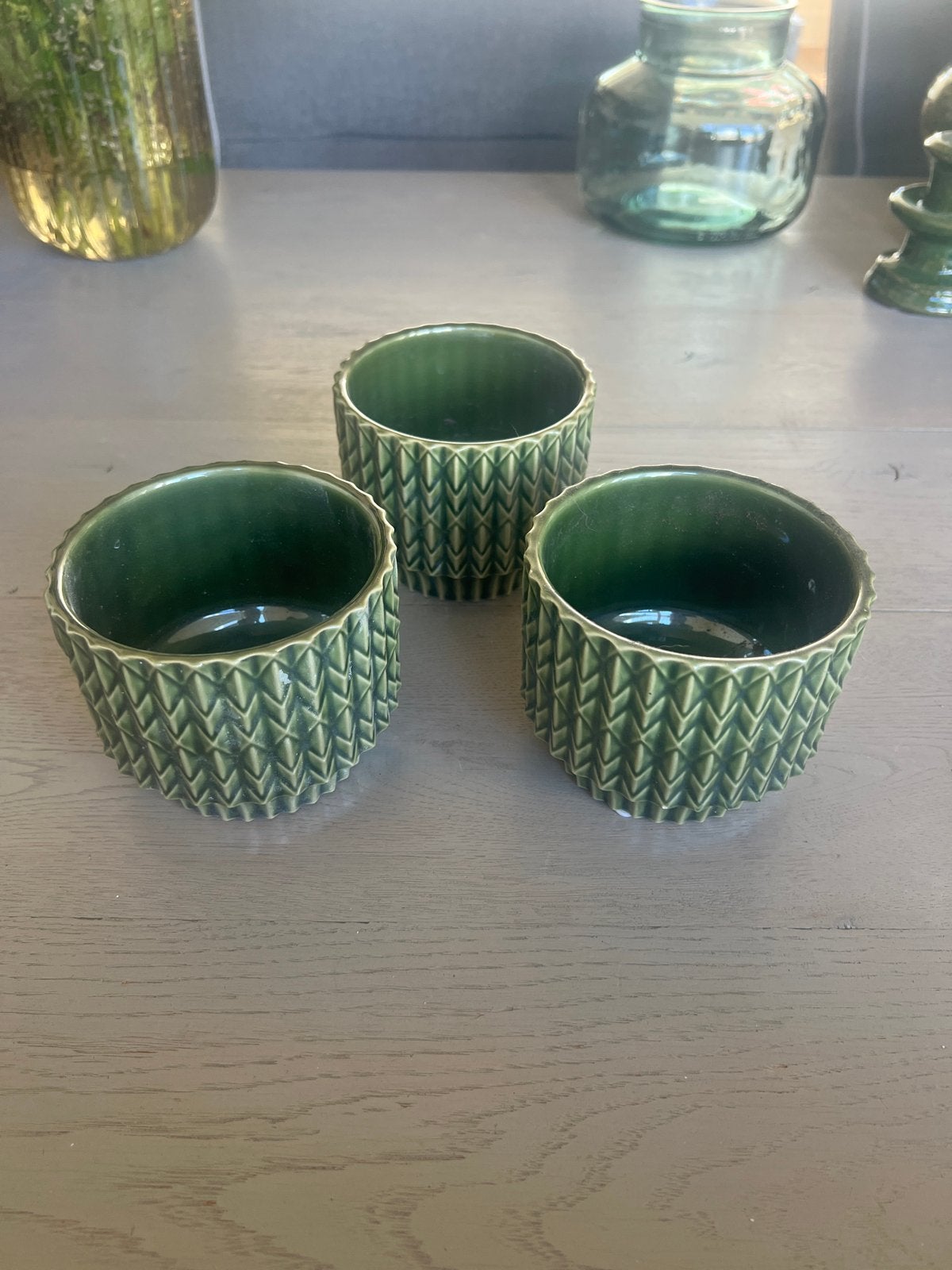 Set van 3 Groene bloem Potjes, Ophalen, Rond, Binnen, Zo goed als nieuw