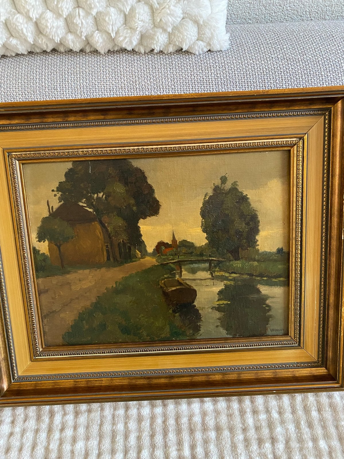 Olieverfschilderij Landschap met water en huis, Ophalen, Doek, Gesigneerd, Landschap