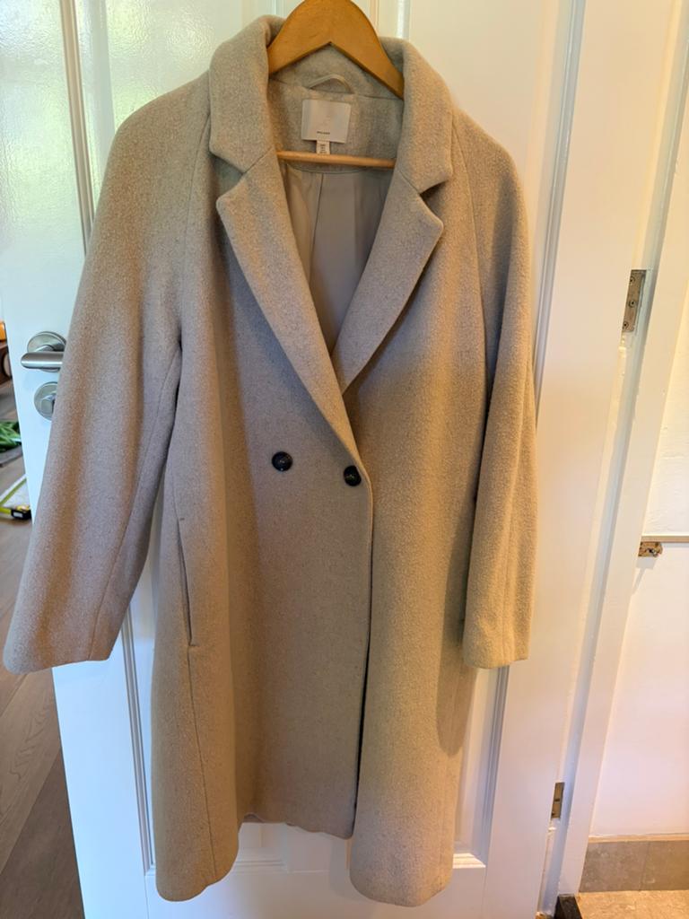 H&M oversized wollen jas – beige – maat S (valt als M), Kleding | Dames, Jassen | Winter, Gedragen, Maat 38/40 (M), Beige, Ophalen of Verzenden