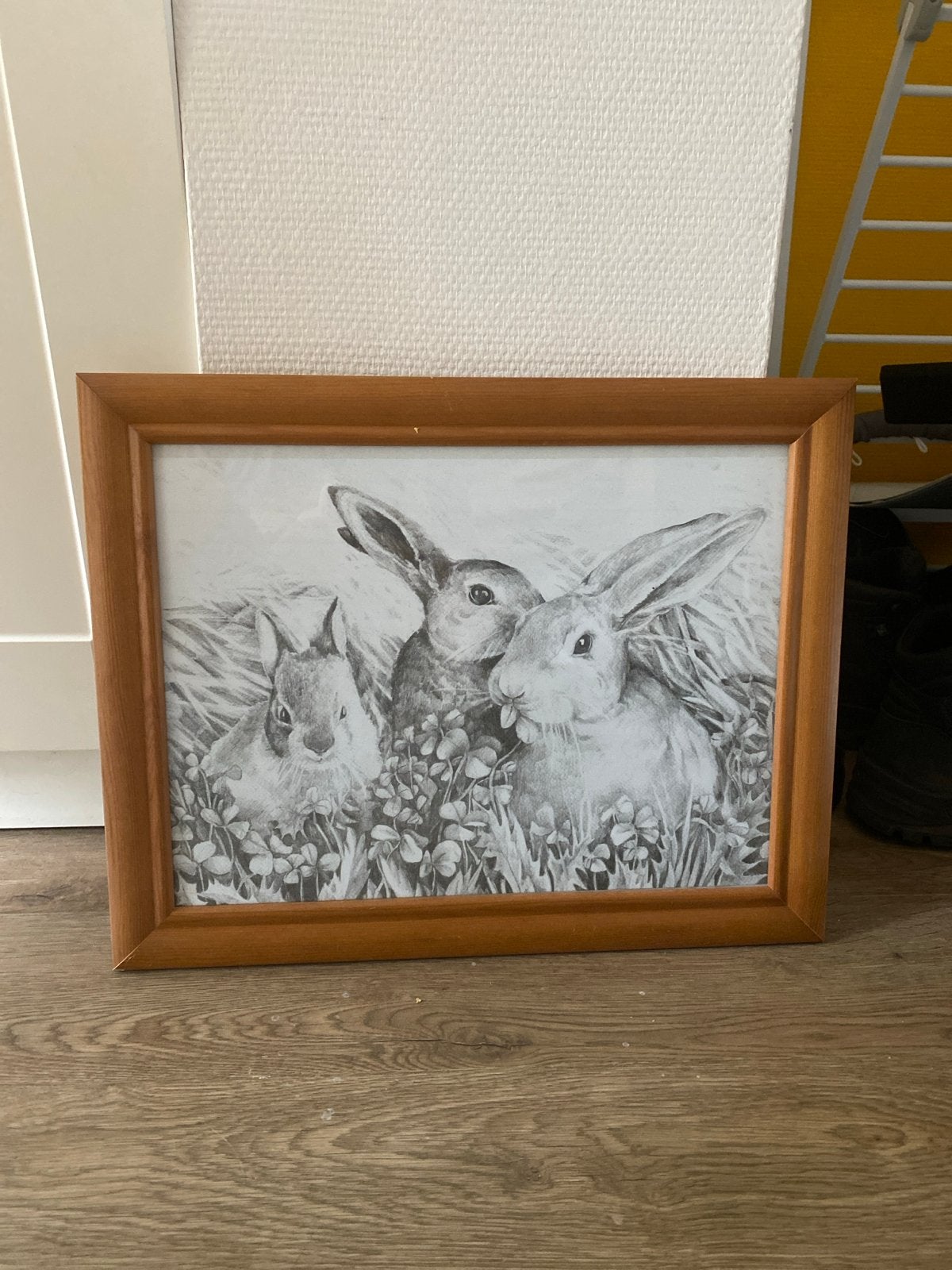 Schilderij konijnen, ca. 40x20cm, Ophalen, Schilderij, Ingelijst