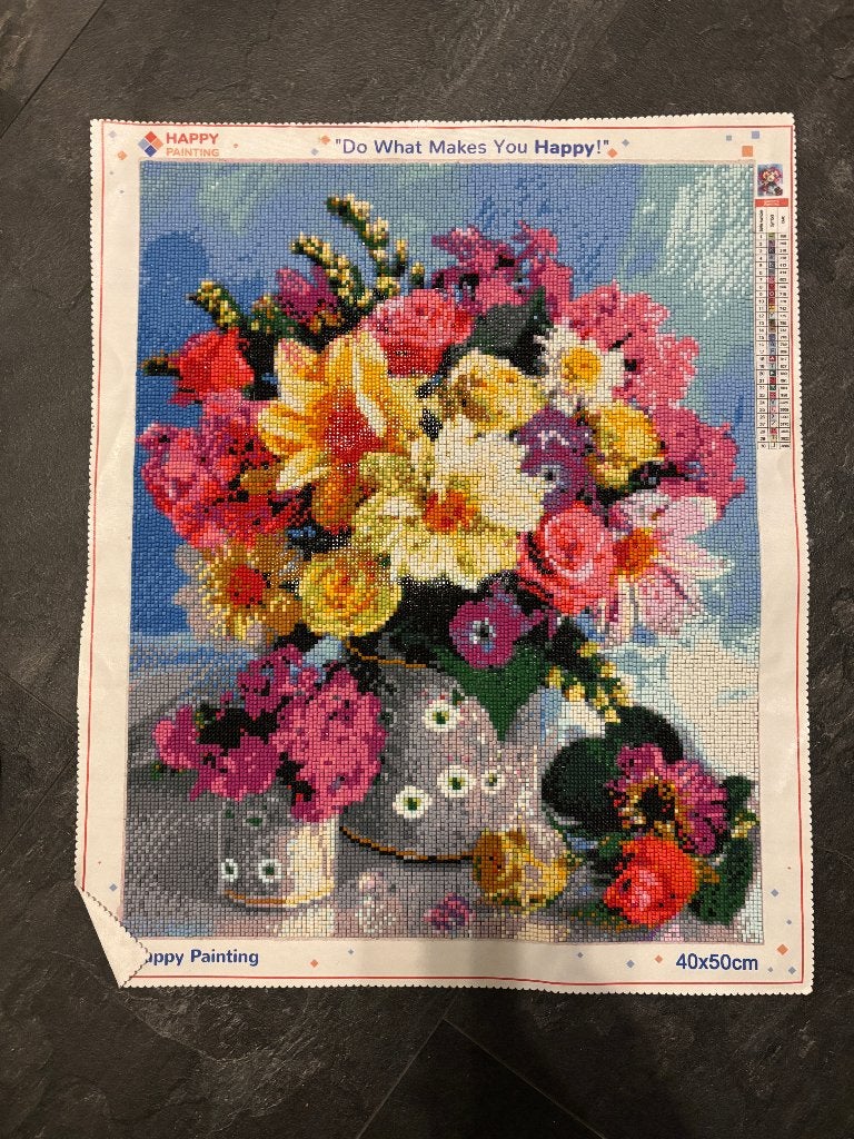 Afgemaakte Diamond Painting met bloemen in vaas, Minder dan 50 cm, Oorspronkelijke maker, Nieuw, Ophalen of Verzenden