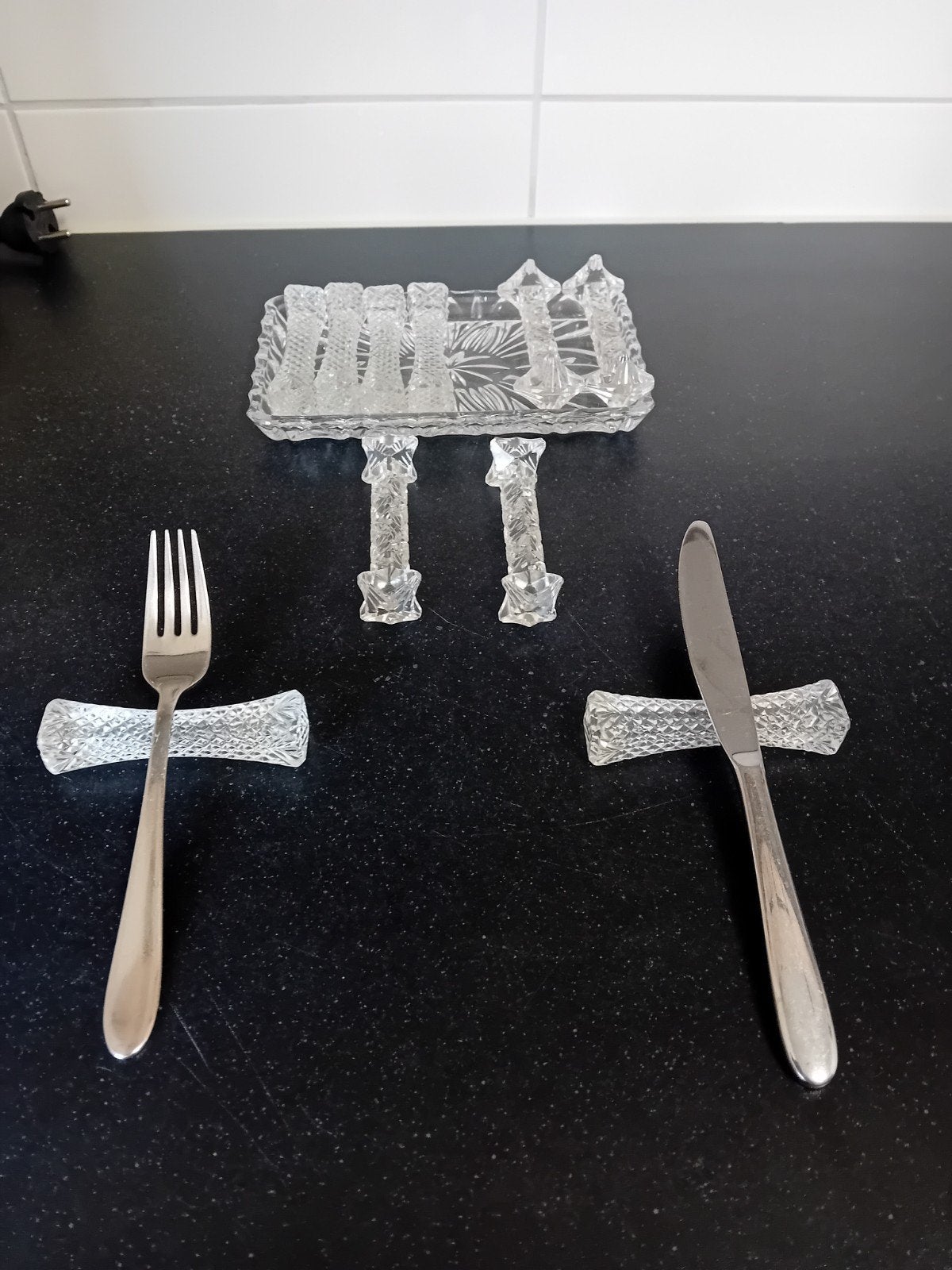 Glazen bestekhouders met dienblad - 10 stuks, Antiek en Kunst, Antiek | Glas en Kristal, Ophalen of Verzenden