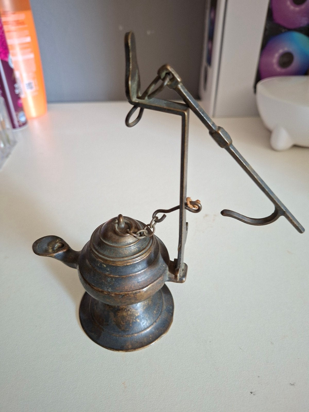 Antieke olielamp van brons (snotneusje), Antiek en Kunst, Antiek | Lampen, Ophalen of Verzenden