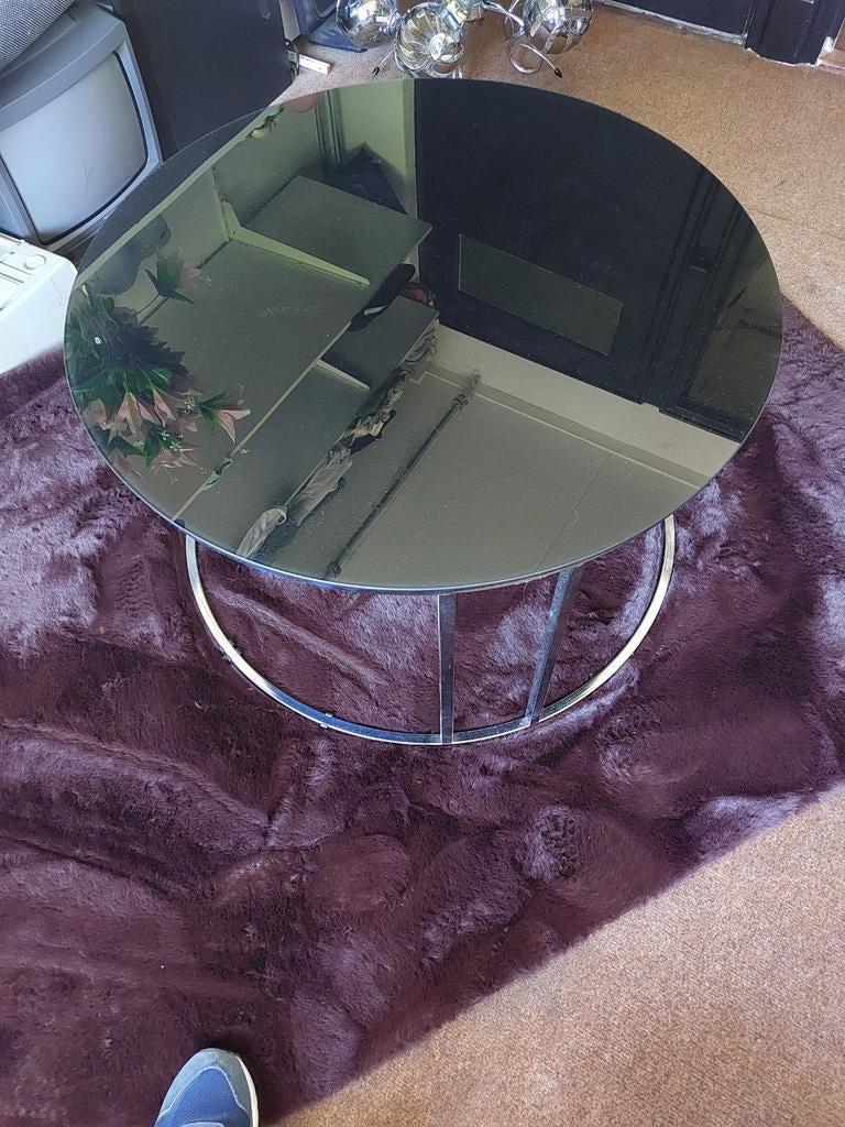 Ronde salontafel met glazen blad en chromen onderstel, Ophalen, 50 tot 100 cm, Rond, 50 tot 100 cm