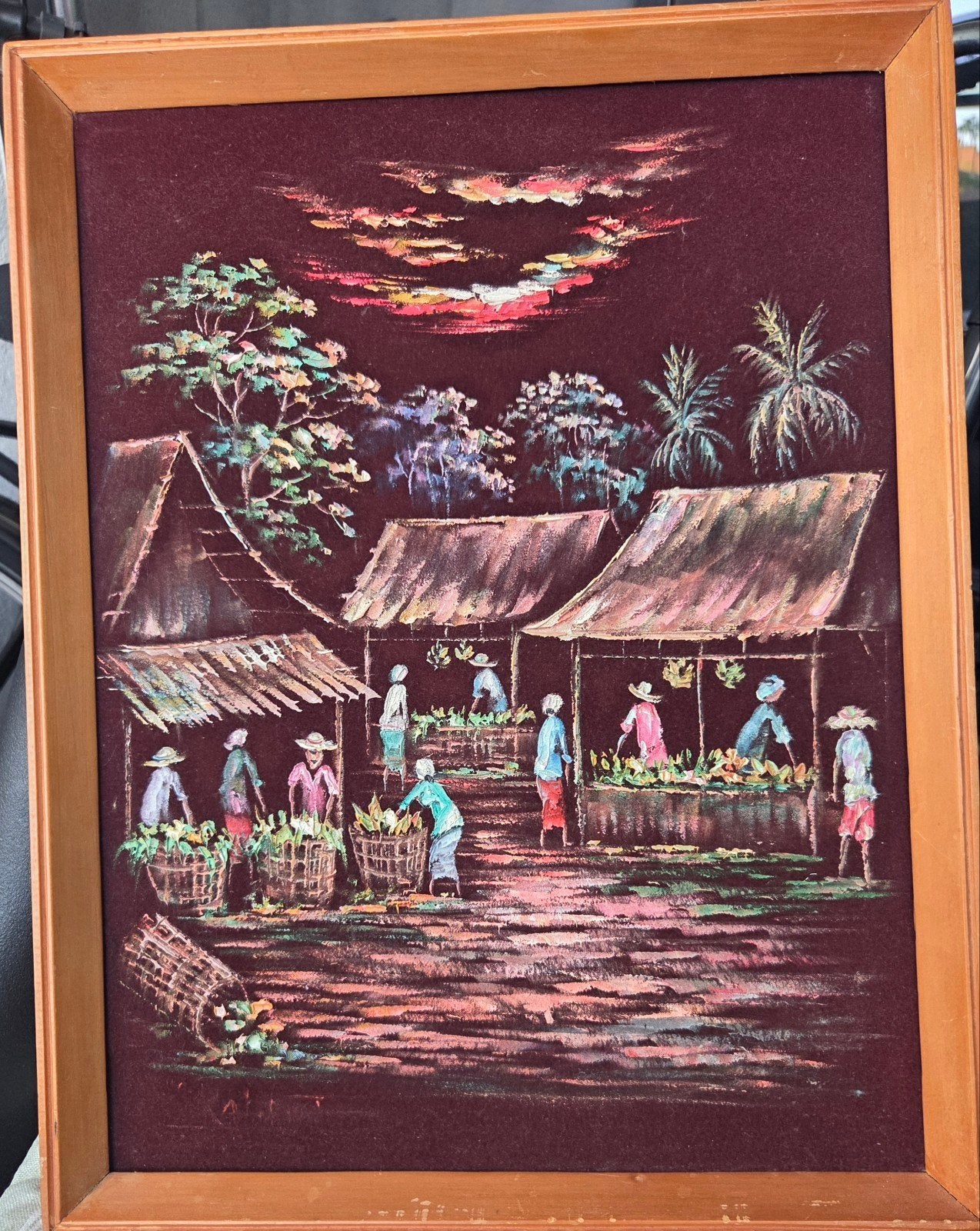 Vintage schilderij Aziatische markt op fluweel, Ophalen of Verzenden, Ingelijst, Stads- / dorpsgezicht, Overige ondergronden