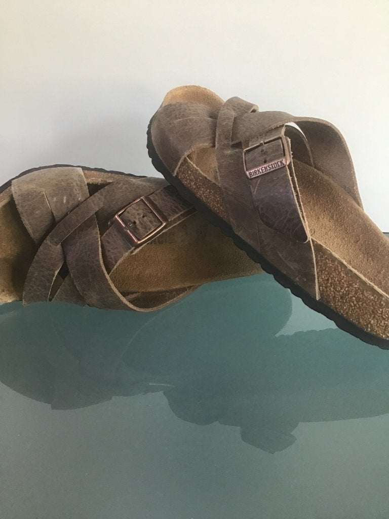 Birkenstock 39 bruine slippers | leer | Gratis verzenden, Slippers, Bruin, Verzenden, Zo goed als nieuw