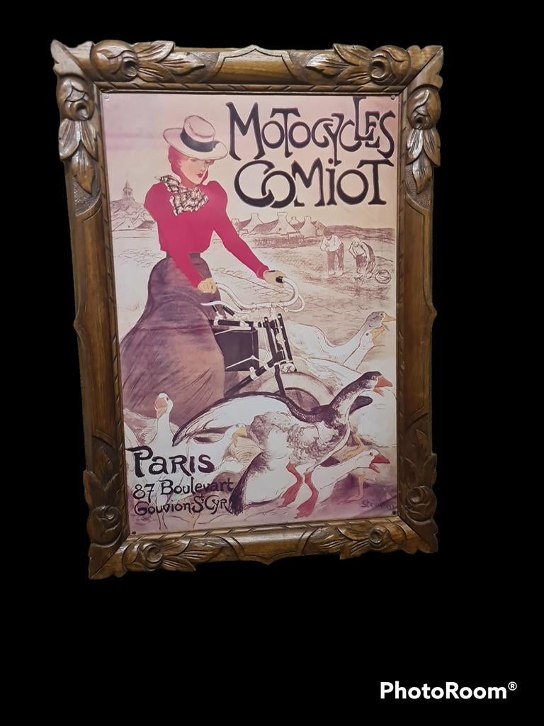 Vintage 'Motocycles Comiot'  reclamepaneel Steinlen 1899, Antiek en Kunst, Kunst | Schilderijen | Klassiek, Ophalen of Verzenden