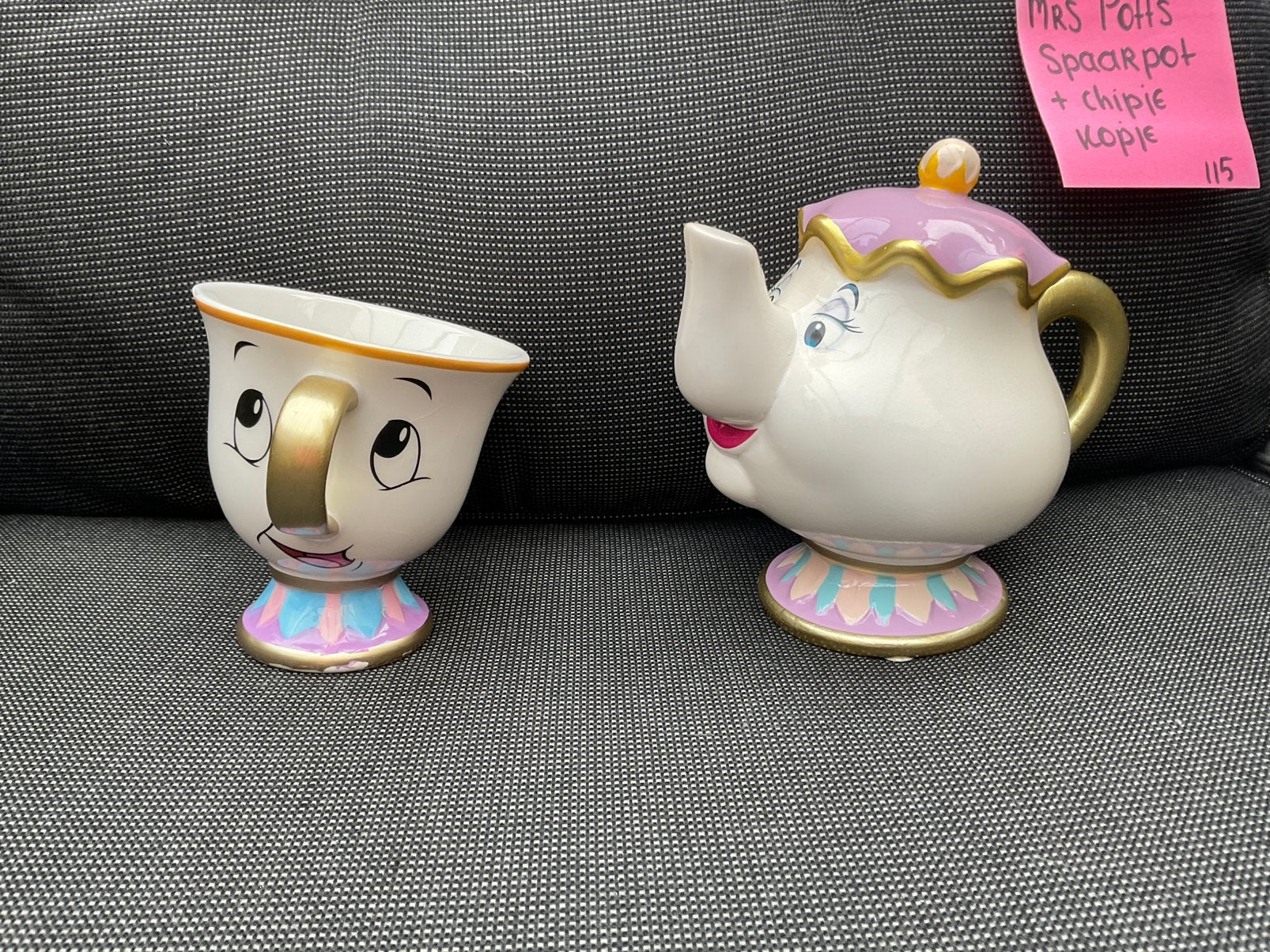 2 x Belle en het beest Mrs Pots spaarpot en Chipje kop, Verzamelen, Disney, Ophalen, Assepoester of Belle, Zo goed als nieuw, Beeldje of Figuurtje