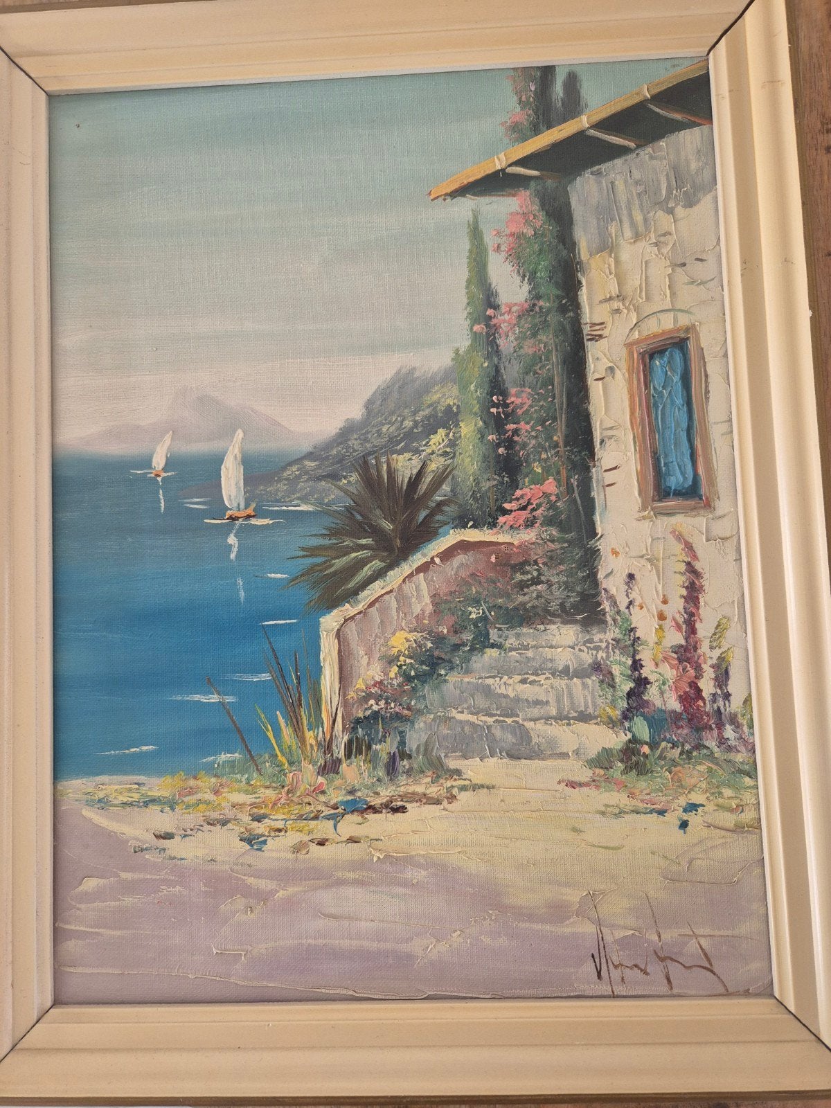 Schilderij: Mediterraan Landschap met Zeezicht, Maritiem / water, Doek, Realistisch, Ophalen of Verzenden