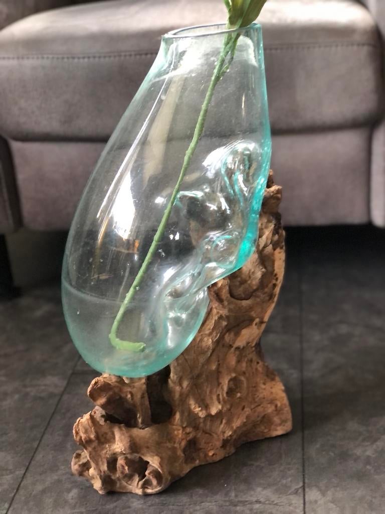 Glazen vaas op hout gevormd, Huis en Inrichting, Woonaccessoires | Stolpen, Ophalen of Verzenden, Zo goed als nieuw