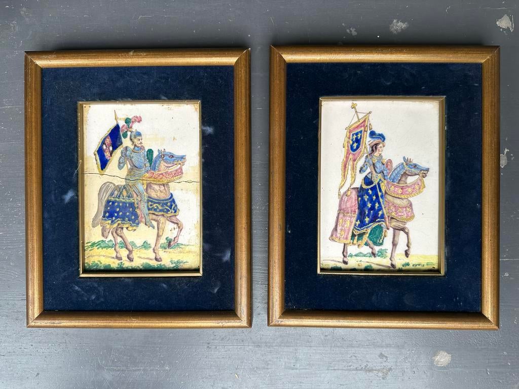 Antieke beschilderde tegels: Ridder en Jonkvrouw, Ophalen of Verzenden