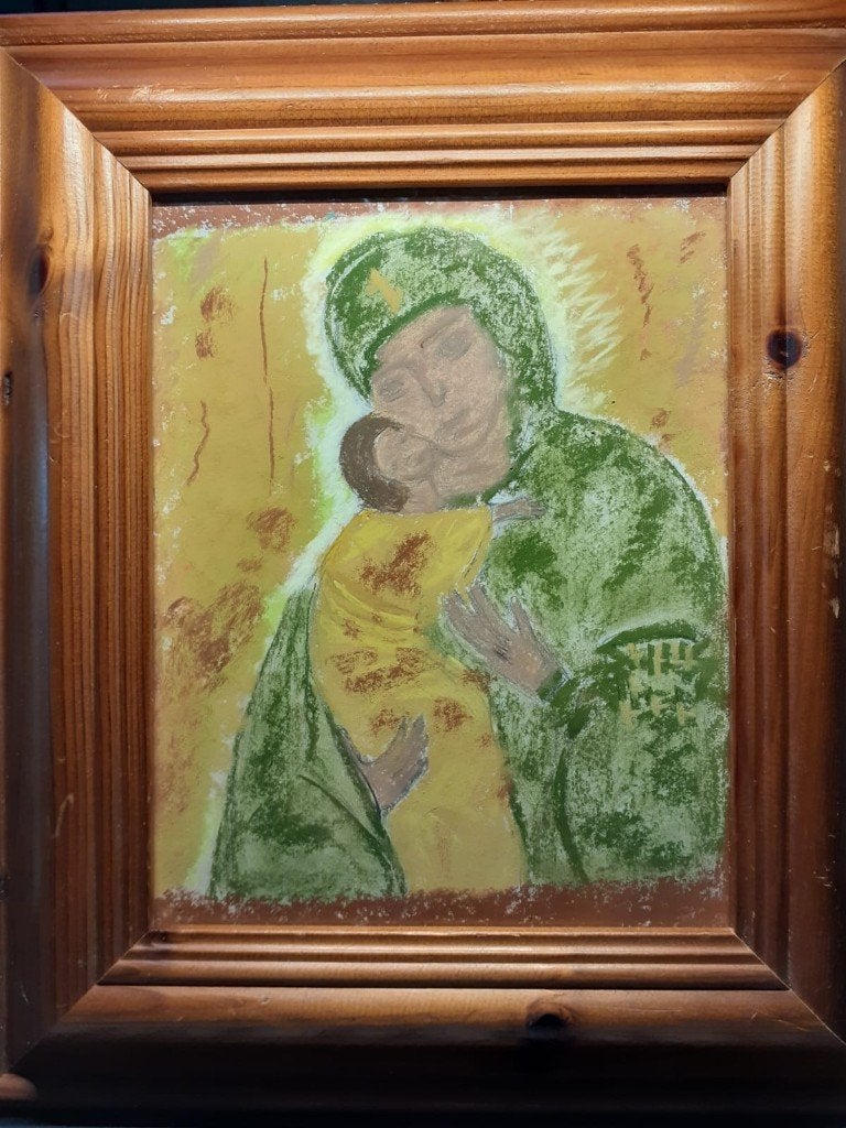 Schilderij Moeder en Kind - Pastel in Houten Lijst, Antiek en Kunst, Ophalen, Portret of Personen, Realistisch, Gesigneerd