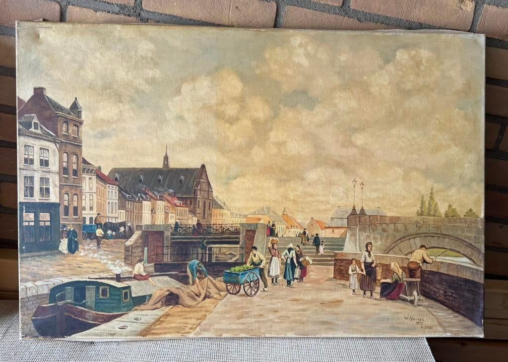 Antiek schilderij W.H. Aberson Kanaal Maastricht-Luik, Antiek en Kunst, Kunst | Schilderijen | Klassiek, Ophalen of Verzenden