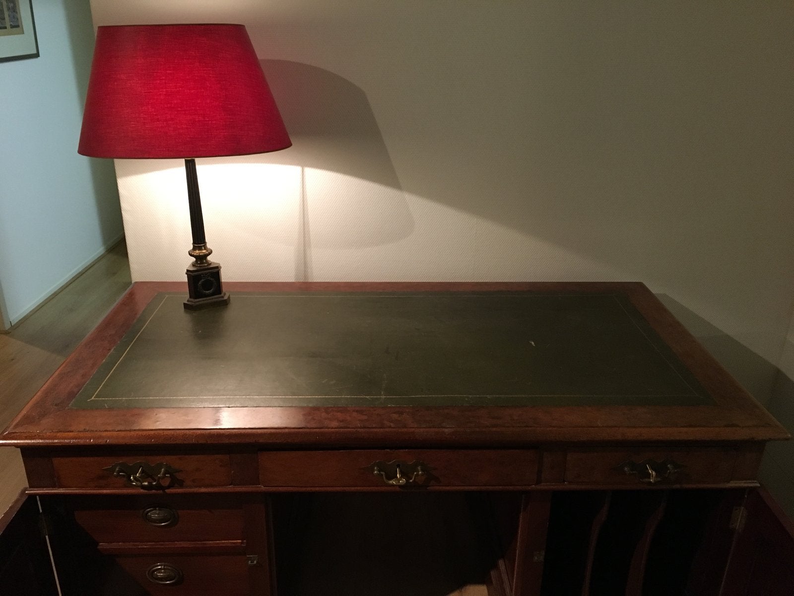 Antiek Engels Partnerdesk uit 1910 met Leren Bovenblad, Ophalen