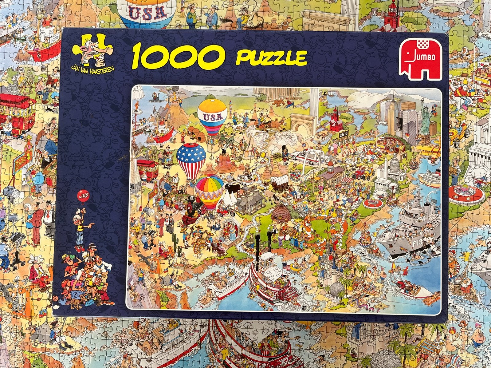 Jan van Haasteren puzzel USA 1000 stukjes, Ophalen of Verzenden, 500 t/m 1500 stukjes, Zo goed als nieuw, Legpuzzel
