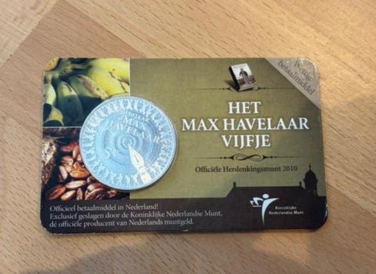 Max Havelaar Vijfje - Officiële Herdenkingsmunt 2010, Koningin Beatrix, Zilver, Euro's, Ophalen of Verzenden