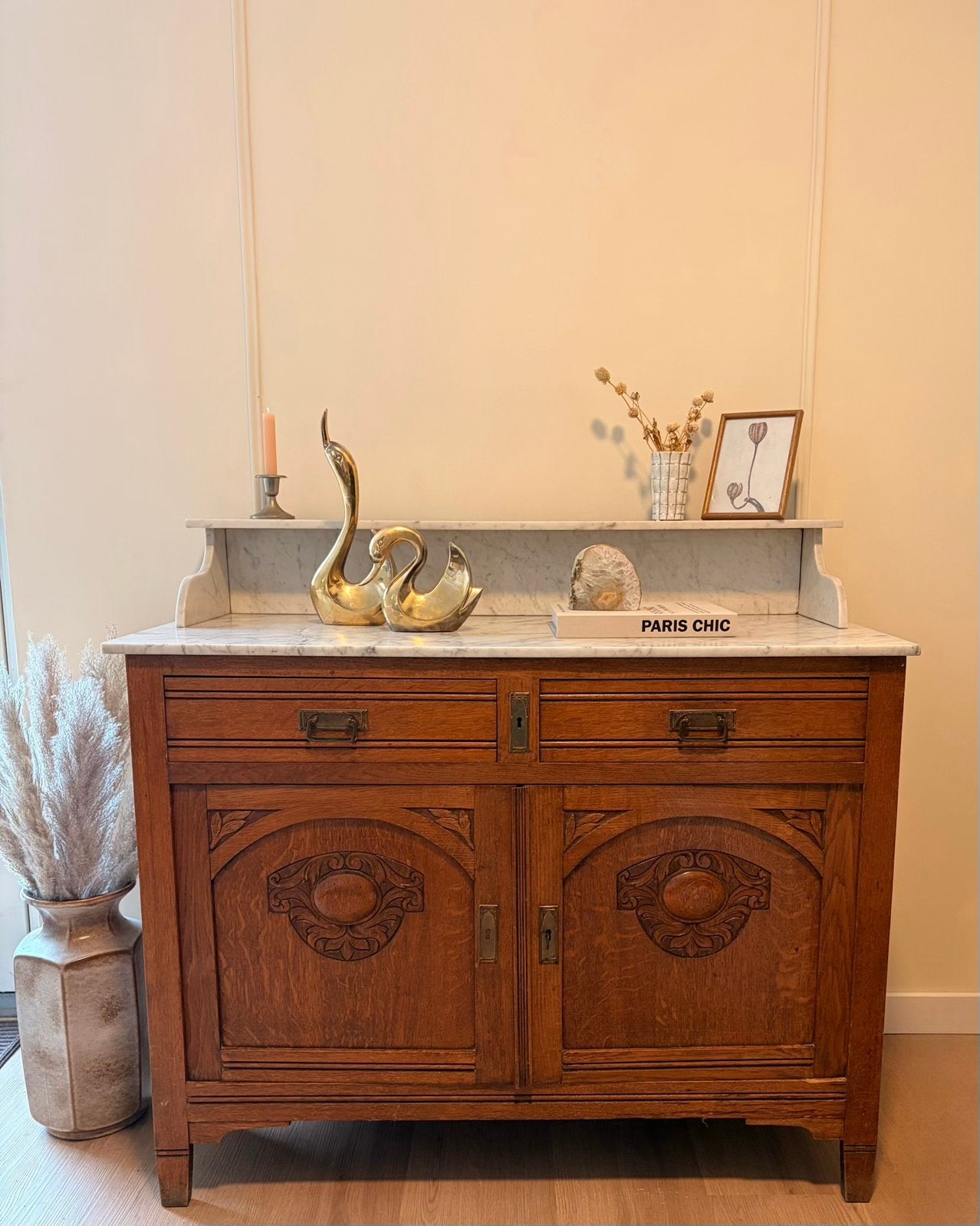 Vintage houten commode met marmeren blad, Antiek en Kunst, Ophalen