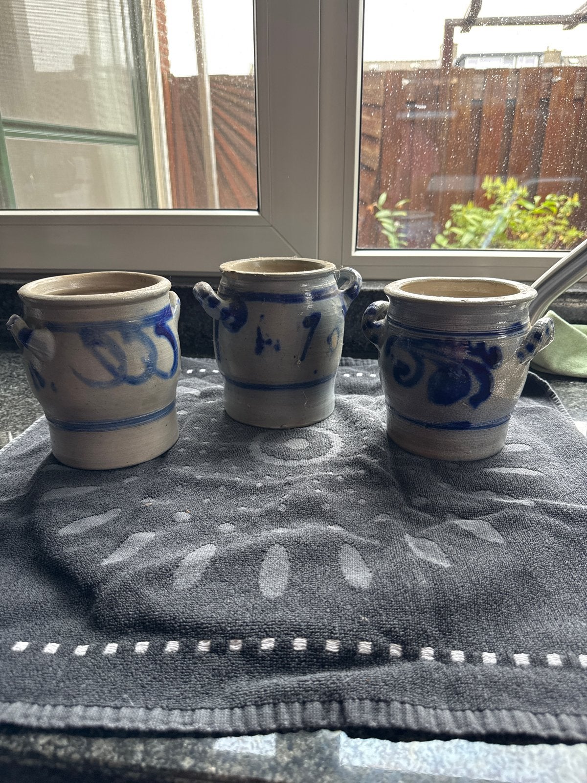 Set van 3 antieke zoutpotten/kruiken, blauw-grijs, Antiek en Kunst, Ophalen