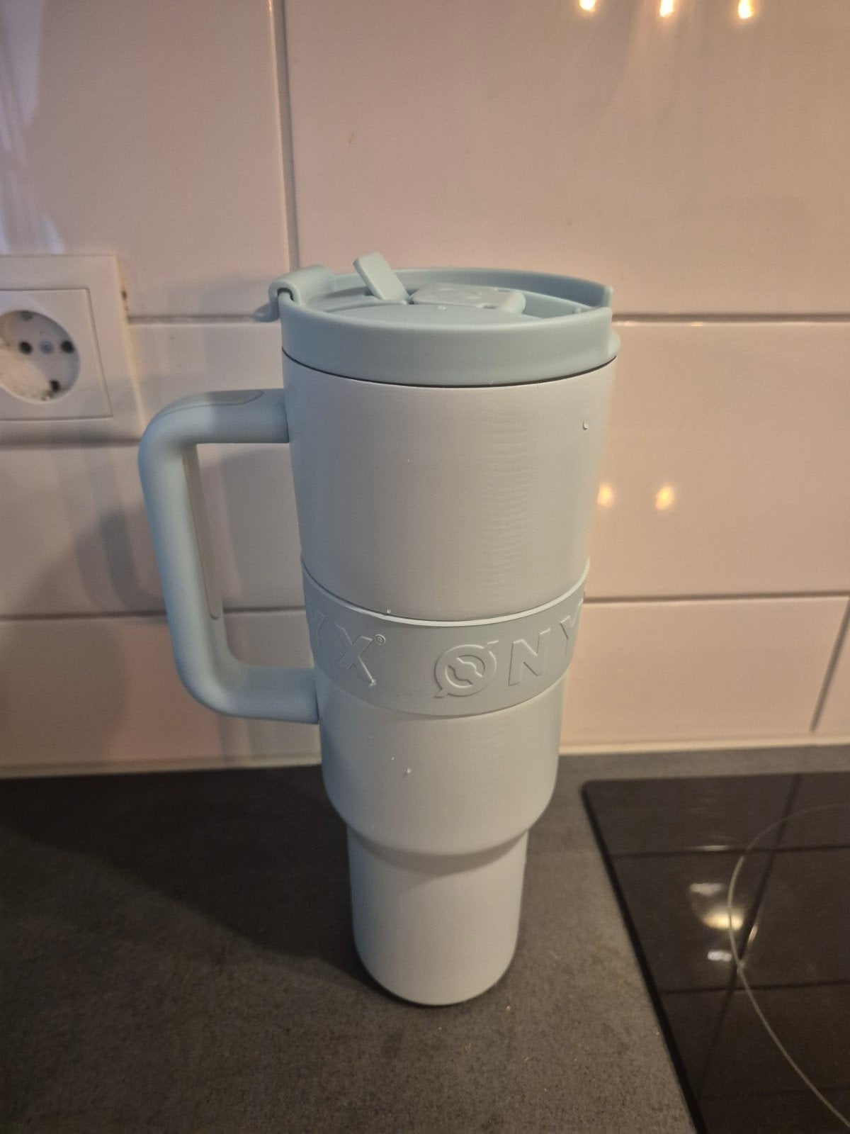 ONYX Thermosbeker met Handvat en Rietje - Lichtblauw, Kunststof, Ophalen of Verzenden, Zo goed als nieuw, Overige merken