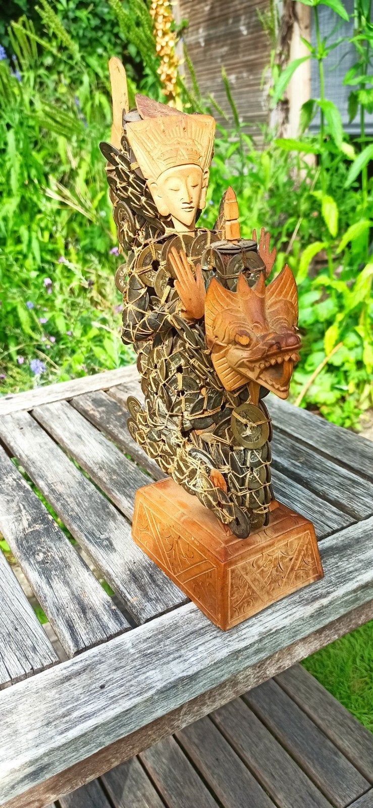 Uniek Balinees houten beeld met munten en draak, Ophalen, Overige onderwerpen, Handgemaakt, 20 - 50 cm
