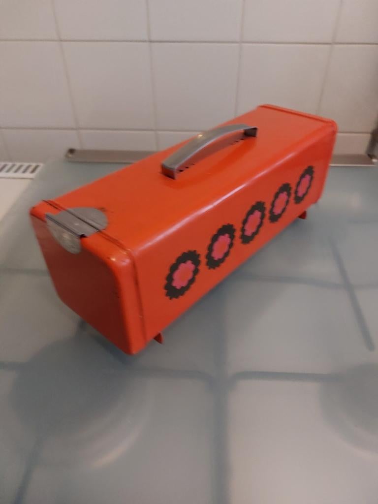 Vintage Broodtrommel Oranje met Bloemenpatroon, Ophalen of Verzenden