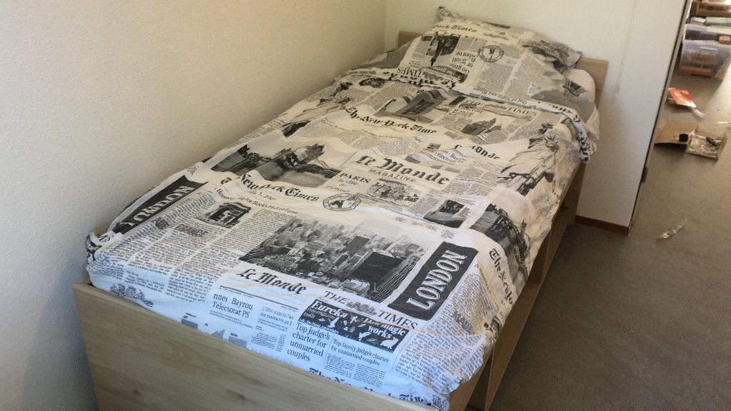 1-persoonsbed 90x200 eikenkleur/wit, Huis en Inrichting, Slaapkamer | Bedden, Ophalen, Gebruikt, 90 cm, Eenpersoons