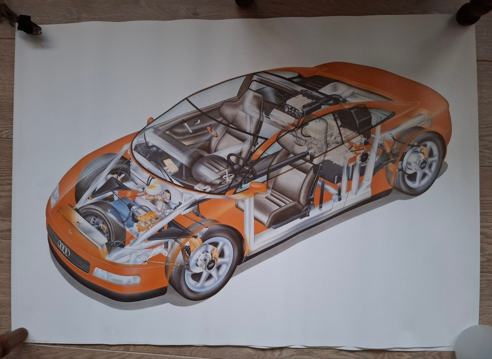 Audi Quattro Spyder 1991. 2 opengewerkte tekeningen.  € 7,50, Ophalen of Verzenden, Zo goed als nieuw, Audi