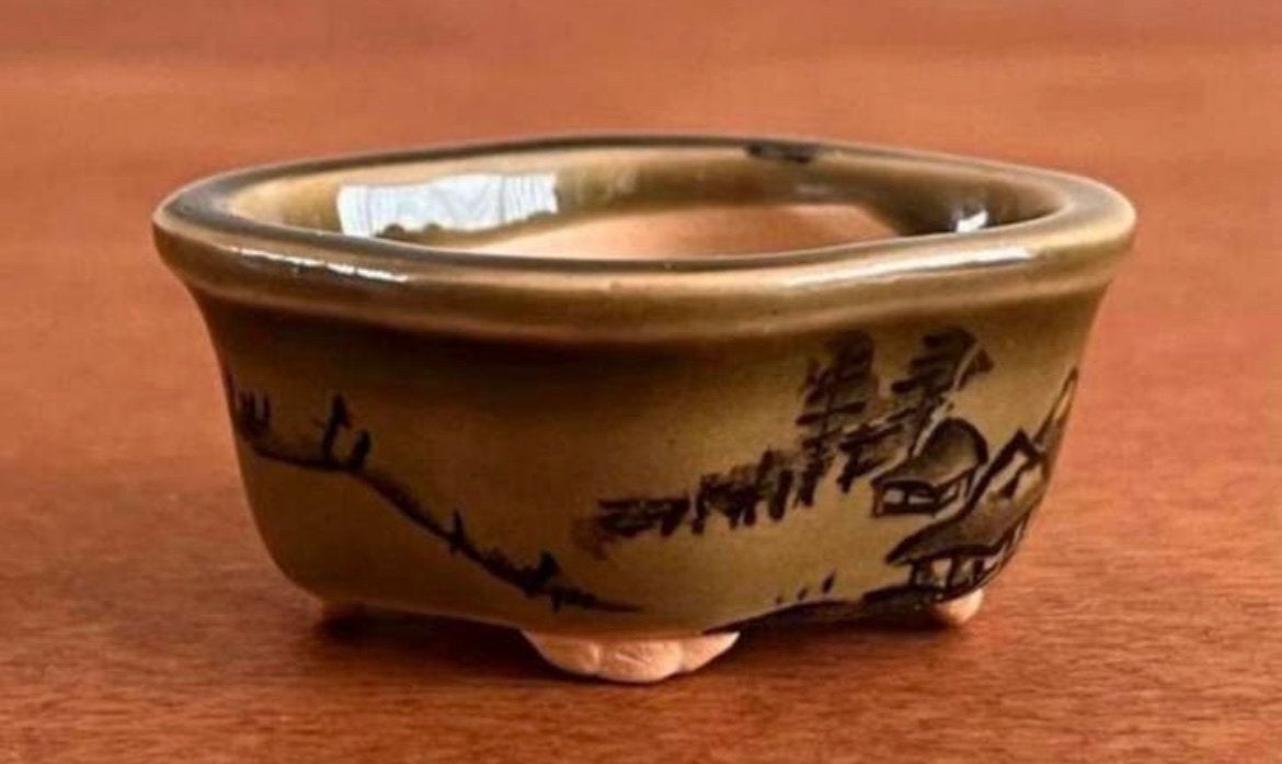 Bonsai Mame pot Bunzan-Japan gedecoreerd gemerkt 5,5x4,6x2,5, Nieuw, Ophalen of Verzenden, Overige vormen, Aardewerk