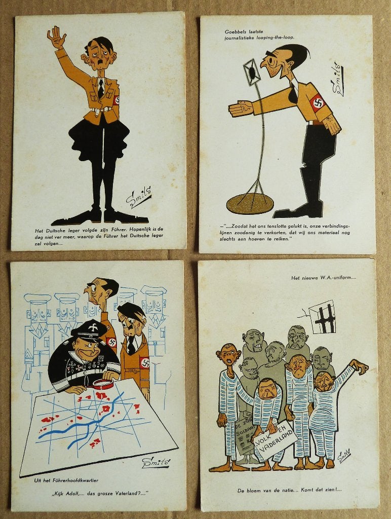 4 ansichtkaarten Ton Smits karikaturen van AH en kornuiten, Ophalen of Verzenden, Overige soorten, Nederland, Foto of Poster