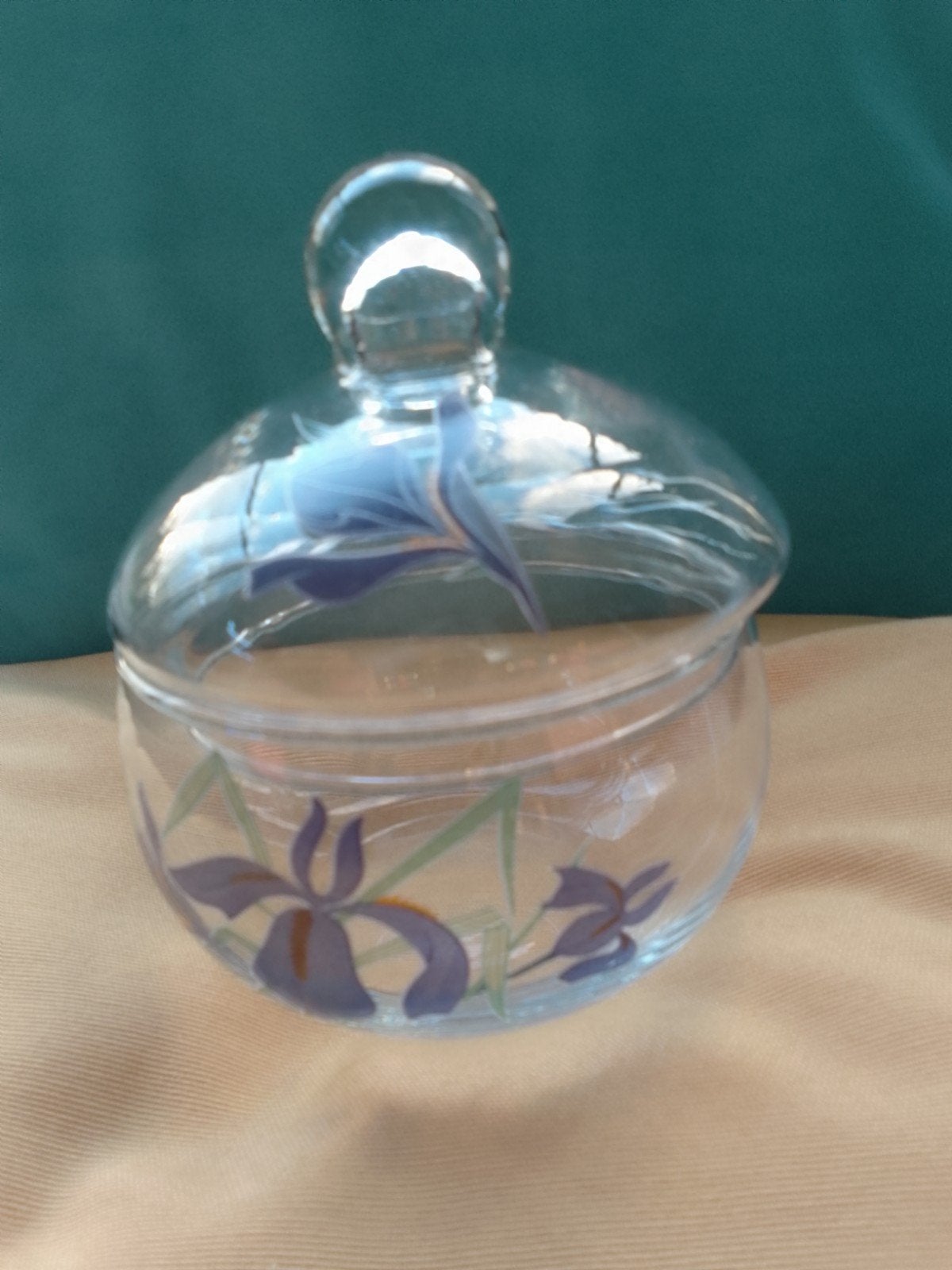Glazen potje met deksel met blauwe irissen, gaaf, Antiek en Kunst, Antiek | Glas en Kristal, Ophalen of Verzenden