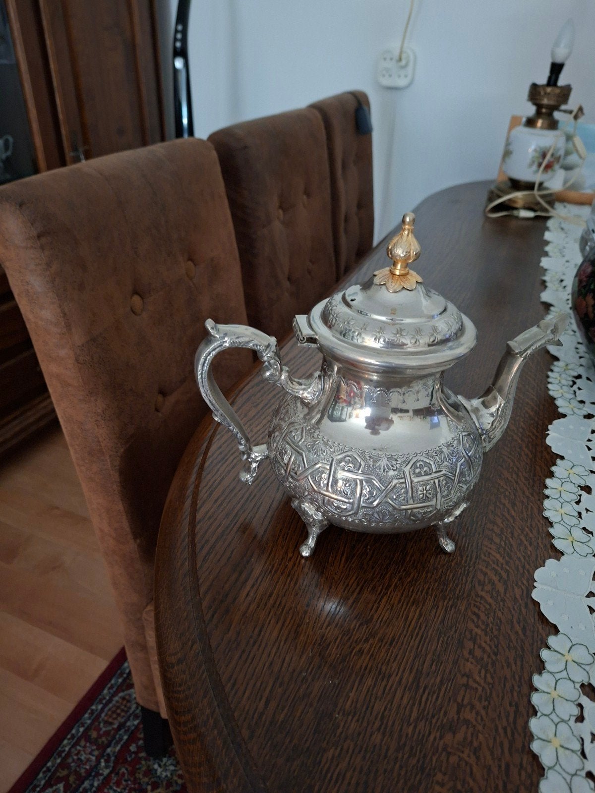 Vintage Marokkaanse theepot, zilverkleurig met gravures, Ophalen