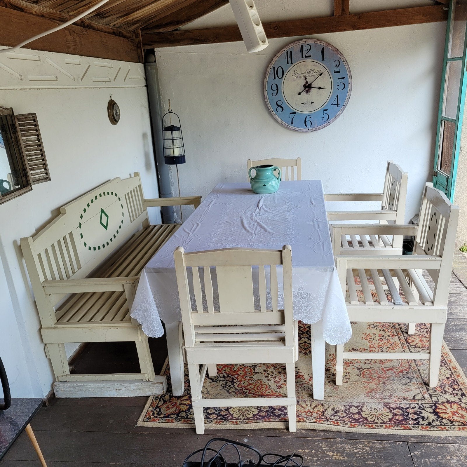Brocante 80 jaar oude houten tuinstel 4 stoelen bank tafel, Ophalen, Gebruikt, Brocante La Campagne, Bank