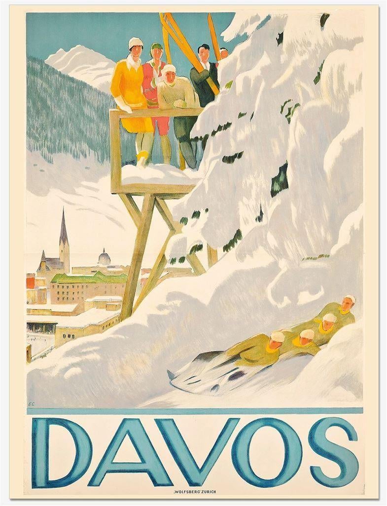DAVOS Reis Ski Poster Affiche Art Deco wintersport, 160 tot 180 cm, Verzenden, Nieuw, Atomic