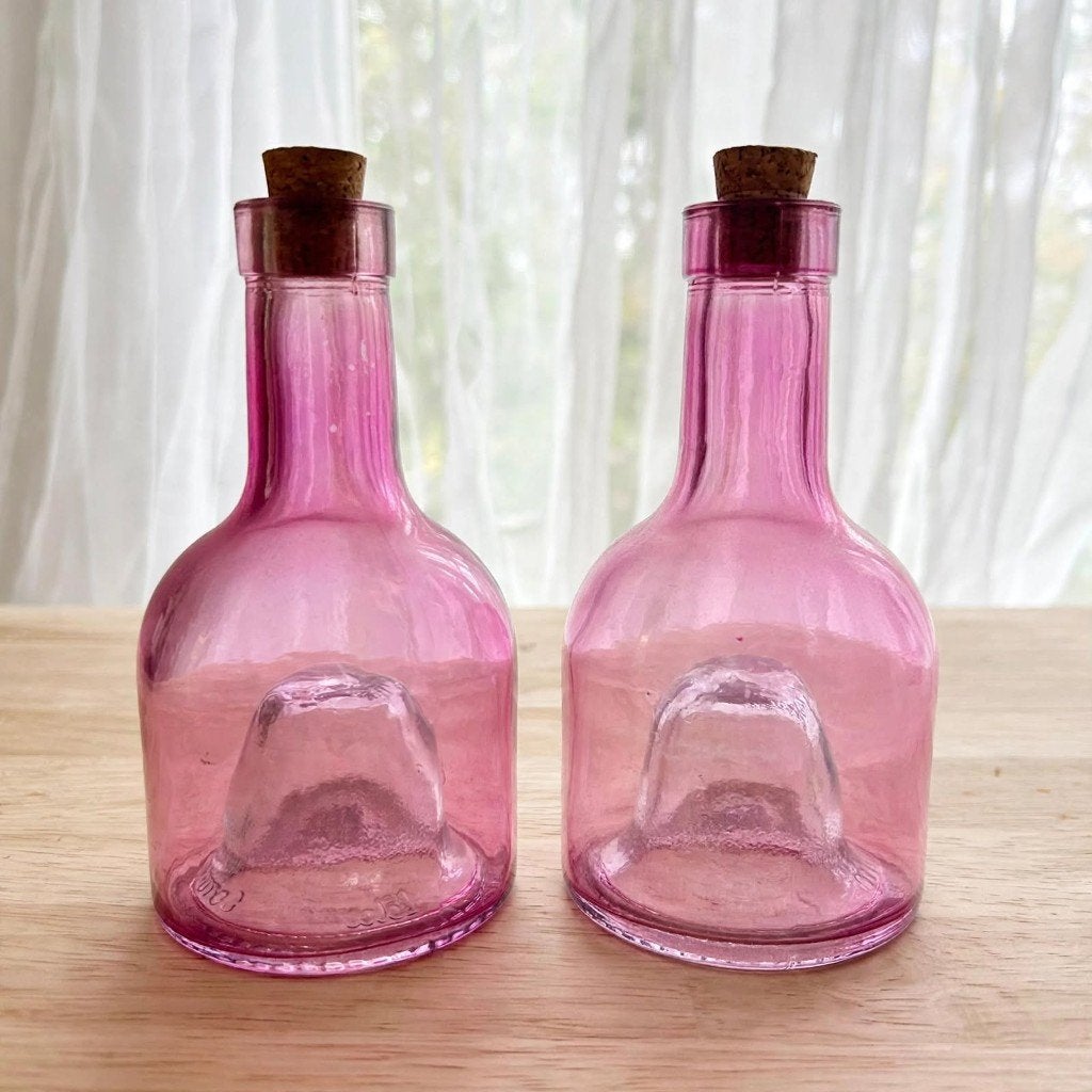 Set 2x roze flesjes met kurk - vintage apothekersglas, Ophalen of Verzenden