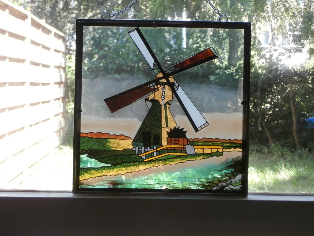 Raamhanger glas-in-lood schilderij Hollands molen landschap, Ophalen, Nieuw