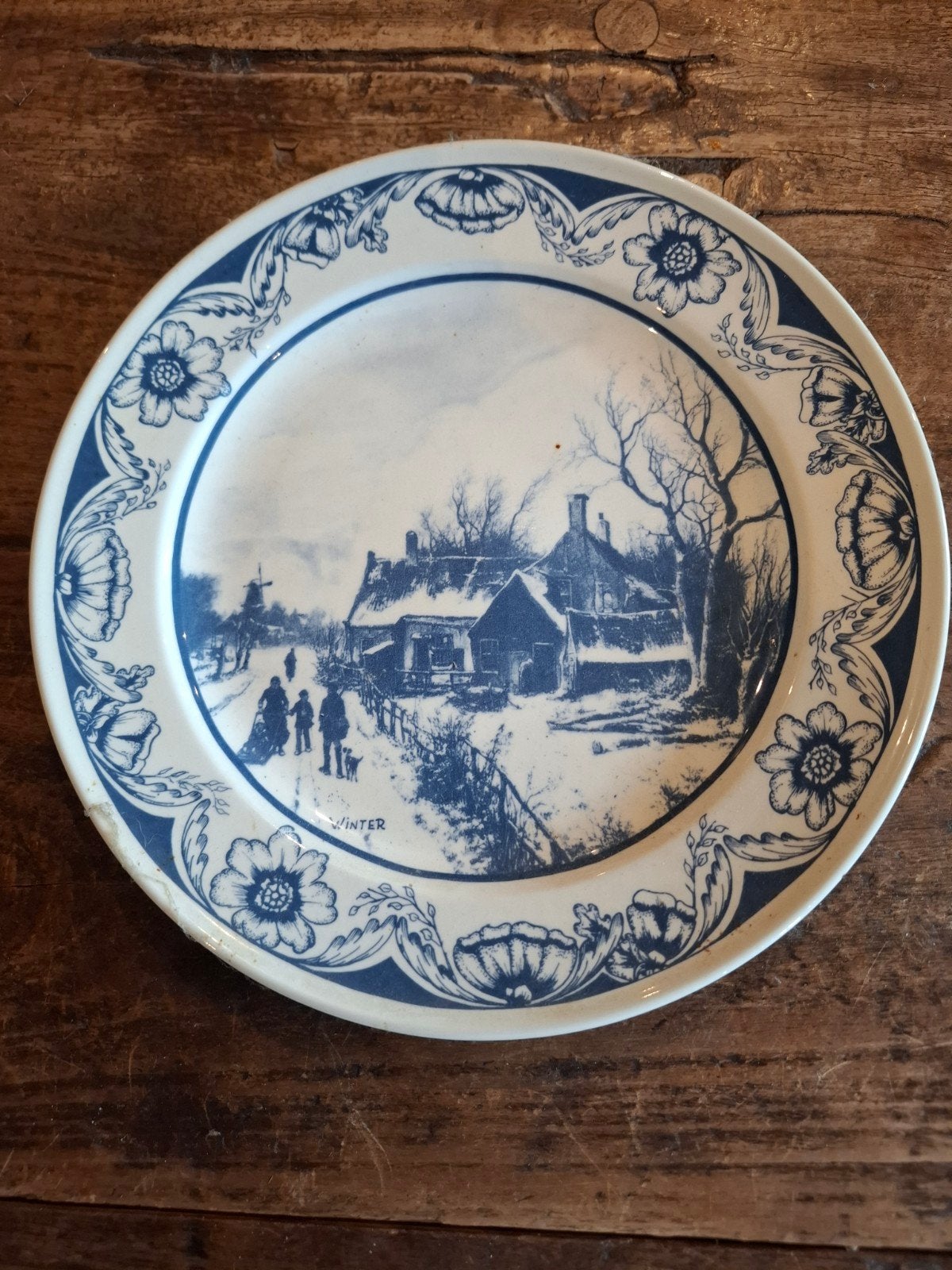Antiek Delfts Blauw Winterlandschap Wandbord, Ophalen
