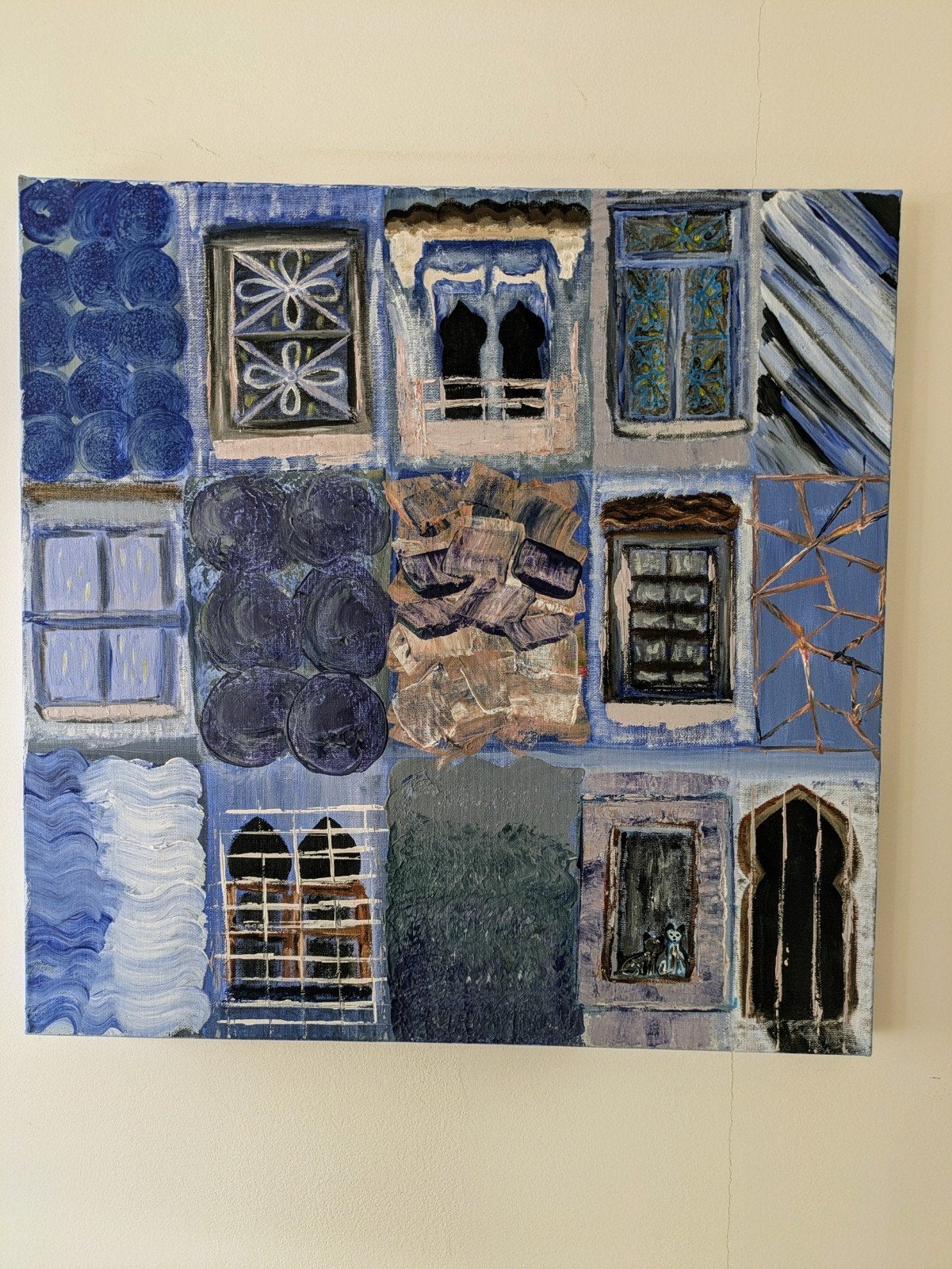Zelfgemaakt schilderij: Ramen in blauwtinten (50x50 cm), Ophalen of Verzenden