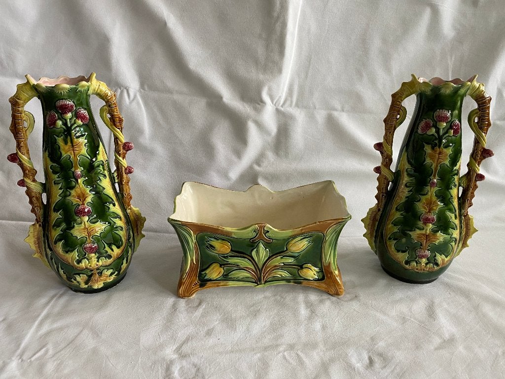 Antiek Art Nouveau Set van 2 Majolica vazen en 1 cachepot, Ophalen of Verzenden, Gebruikt, Overige kleuren, Steen/keramiek