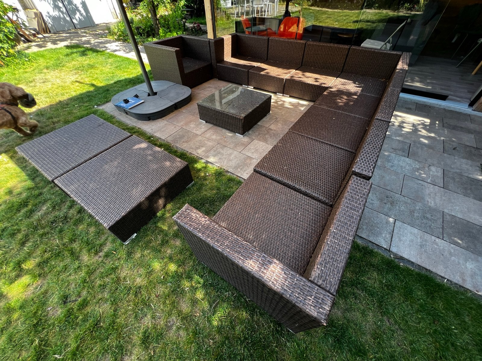 Grote Wicker Loungeset met Salontafel en Hocker, Tuin en Terras, Ophalen, Gebruikt, Meer dan 8 zitplaatsen, Loungeset