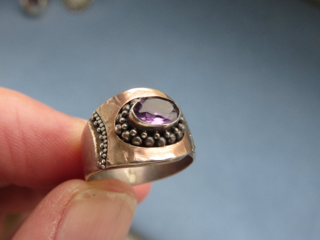 Antieke ring met amethist in 925 karaat zilver - 20e eeuw, Sieraden, Tassen en Uiterlijk, Antieke sieraden, Ophalen of Verzenden
